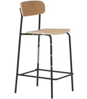 Taburete con estructura de metal pintado y respaldo y asiento de madera