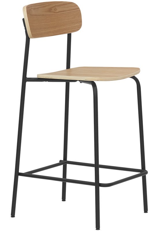 Taburete con estructura de metal pintado y respaldo y asiento de madera