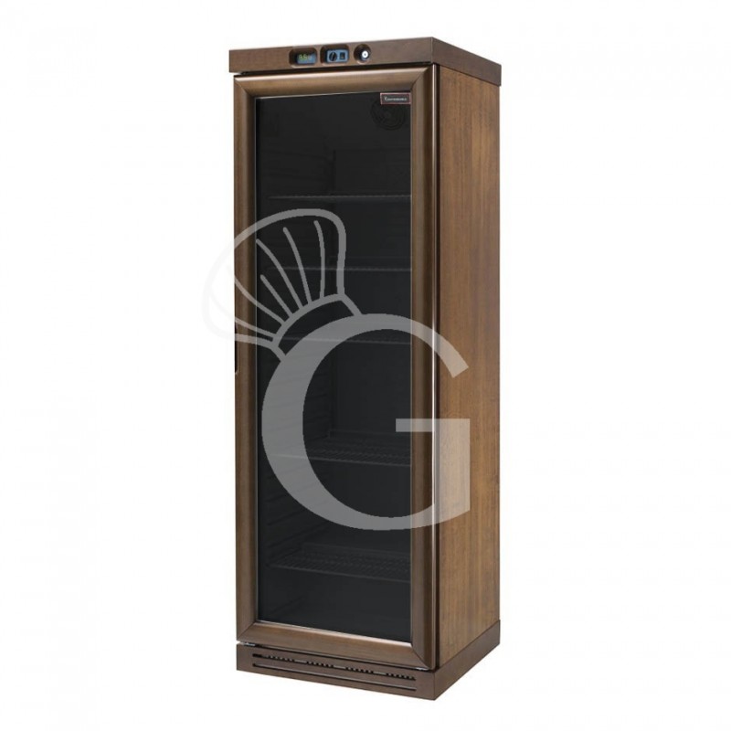 Vinoteca de madera con refrigeración estática, capacidad de 340 litros, temperatura regulable de +2°C/+8°C y 4 estantes internos