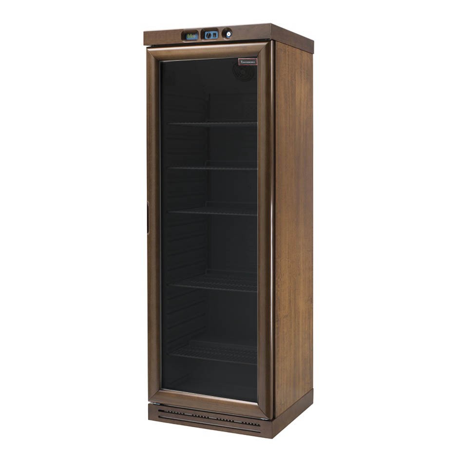 Vinoteca de madera con refrigeración estática, capacidad de 340 litros, temperatura regulable de +2°C/+8°C y 4 estantes internos