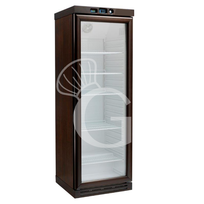 Vinoteca de madera con refrigeración estática, capacidad de 340 litros, temperatura regulable de -18°C/-22°C y 6 estantes fijos