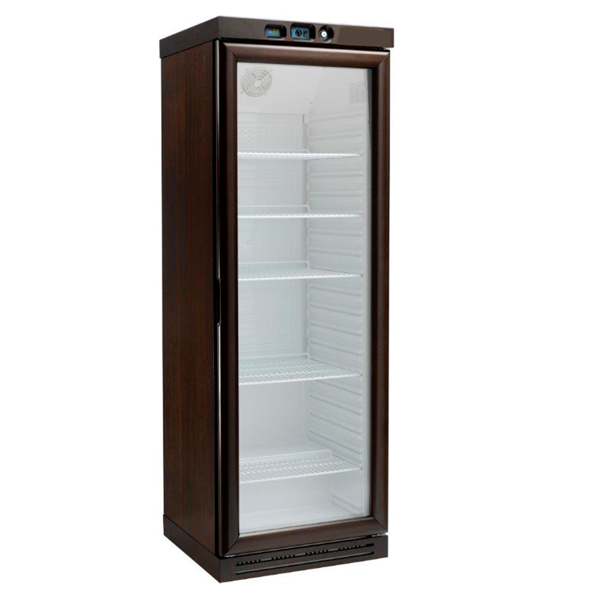 Vinoteca de madera con refrigeración estática, capacidad de 340 litros, temperatura regulable de -18°C/-22°C y 6 estantes fijos