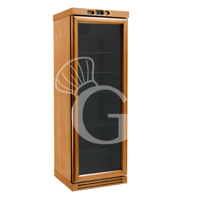 Vinoteca de madera con refrigeración estática, capacidad de 340 litros, temperatura regulable de -18°C/-22°C y 6 estantes fijos