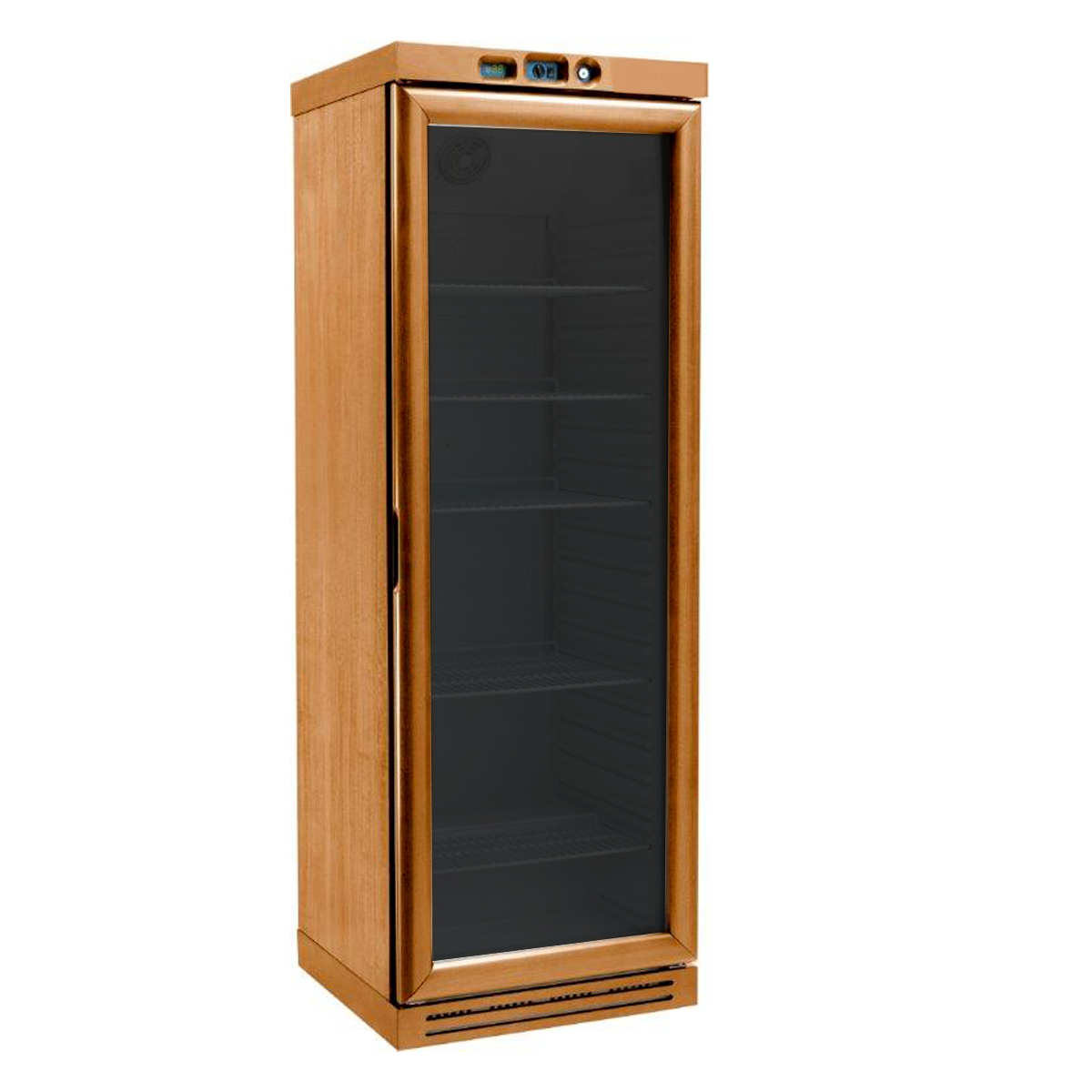 Vinoteca de madera con refrigeración estática, capacidad de 340 litros, temperatura regulable de -18°C/-22°C y 6 estantes fijos