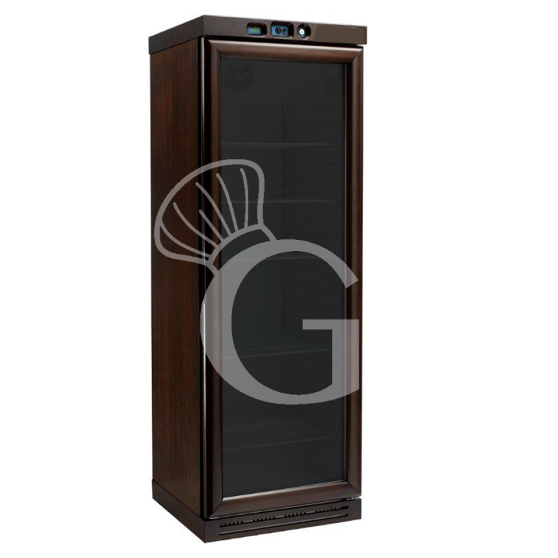 Vinoteca de madera con refrigeración estática, capacidad de 340 litros, temperatura regulable de -18°C/-22°C y 6 estantes fijos