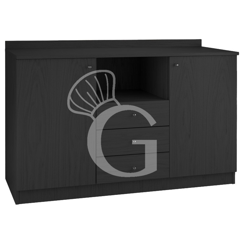 Armario de servicio bajo triple que consta de 2 puertas, 3 cajones, 1 compartimento interior y estante abierto