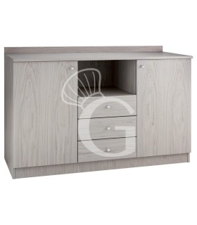 Mueble de servicio bajo triple que consta de 2 puertas, 3 cajones, 1 compartimento interior y estante abierto