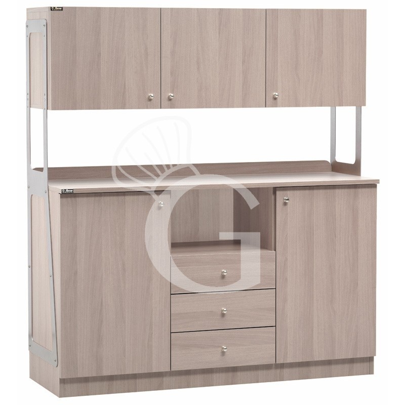 Mueble de servicio alto triple compuesto por 2 puertas, 3 cajones, compartimento interior y 3 módulos de pared -