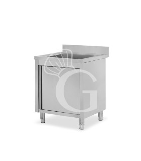 Fregadero con mueble inox con 1 puerta batiente, 1 cubeta, peto L500mmxP600mmxA965mm con agujero para el grifo de Ø 32 mm