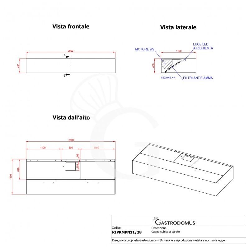 Campana extractora mural serie Kubica con motor full optional L 2800 mm x P 1100 mm x A 450 mm