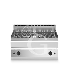 Parrilla a gas y piedra volcánica de sobremesa con 2 zonas de cocción en acero y profundidad 700 mm