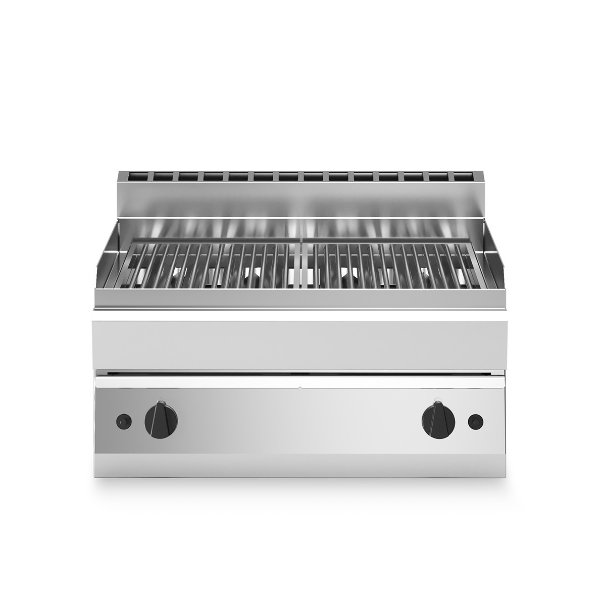 Parrilla a gas y piedra volcánica de sobremesa con 2 zonas de cocción en acero y profundidad 700 mm