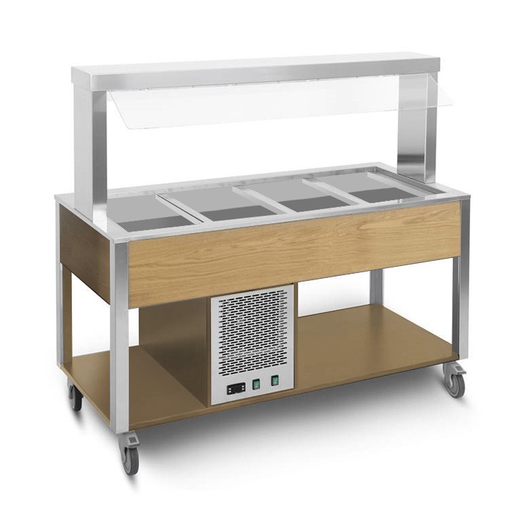 Carrito para buffet frío con protector fijo, iluminación LED, temperatura +4°C/+10°C - color Rovere
