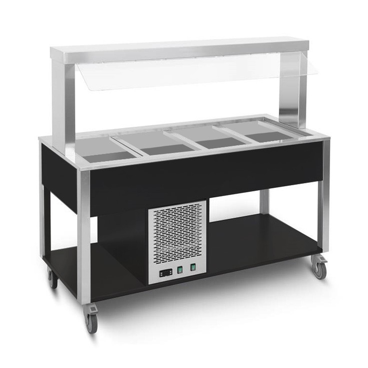 Carrito para buffet frío con protector fijo, iluminación LED, temperatura +4°C/+10°C - color Negro