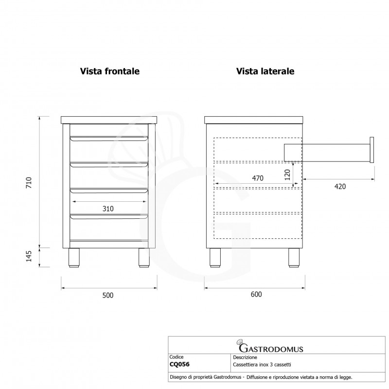 Cajonera con 4 cajones, longitud 500 mm x profundidad 600 mm x altura 855 mm
