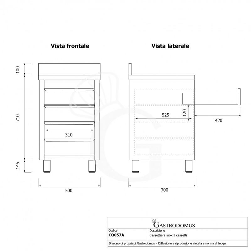 Cajonera inox con 4 cajones y peto , L 500 x P 700 X H 955 mm