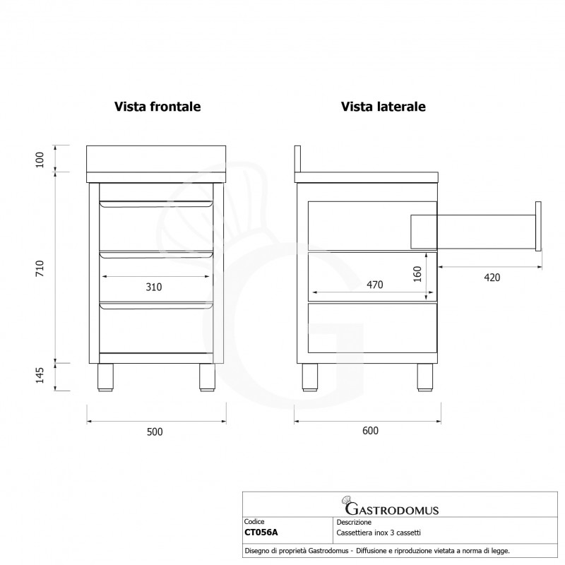 Cajonera acero inoxidable con 3 cajones y peto, L 500 x P 600 x H 955 mm