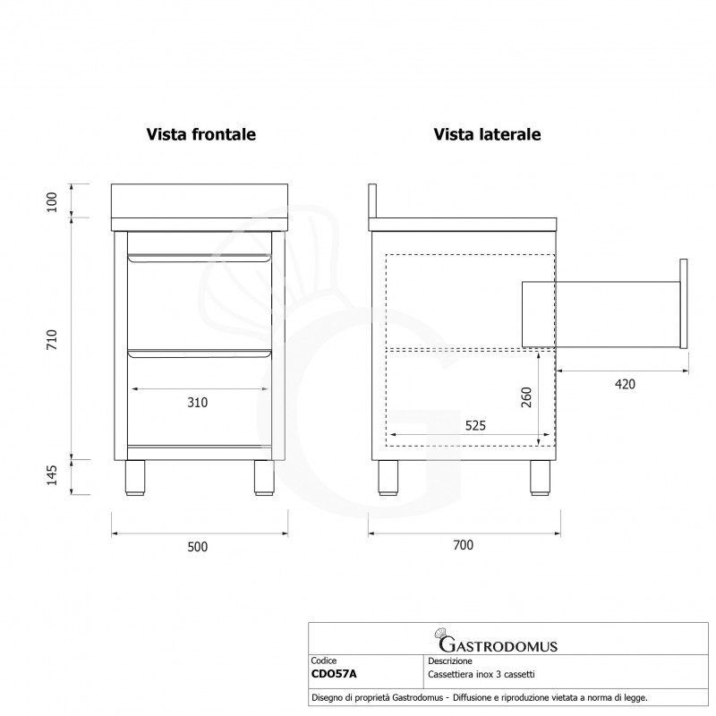 Cajonera inox con 2 cajones y peto , L 550 X P 700 X H 970 mm