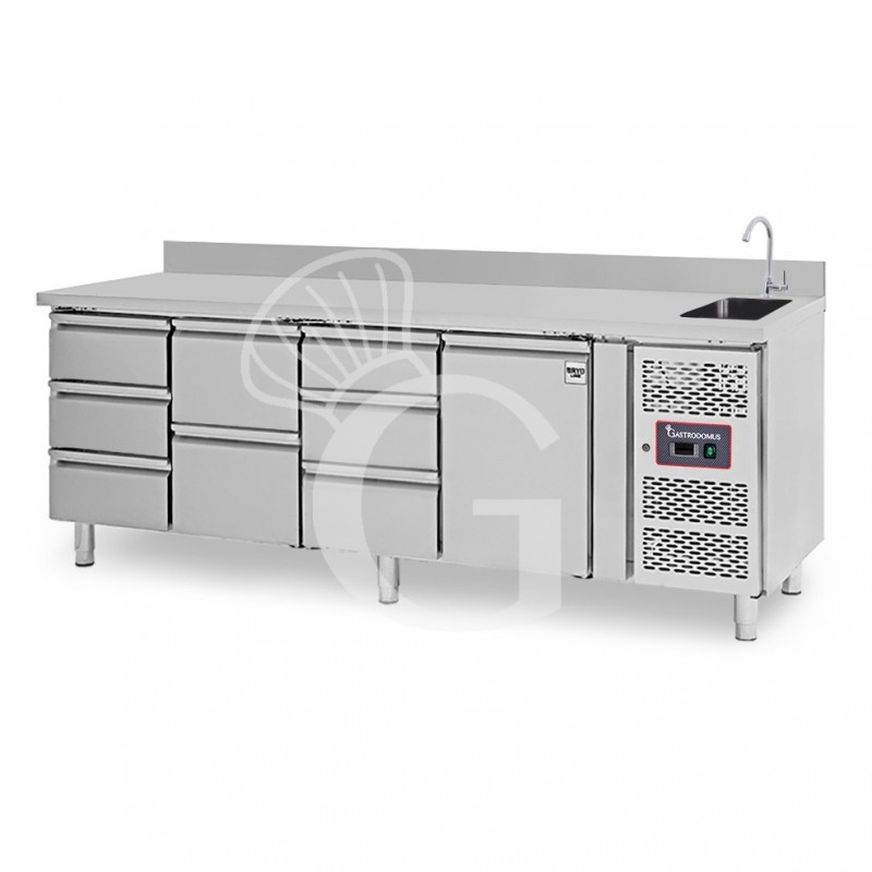 Mesa fregadero refrigerada equipada con 8 cajones y 1 puerta con peto, profundidad 700 mm, temperatura +2°C/+8°C - grifo Ø 25 mm