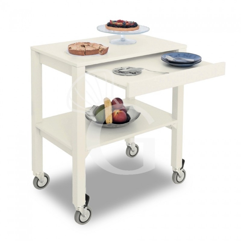 Carro de servicio de madera maciza con dimensiones : largo 700 mm x profundidad 450 mm x altura 840 mm. Porta platos extraible