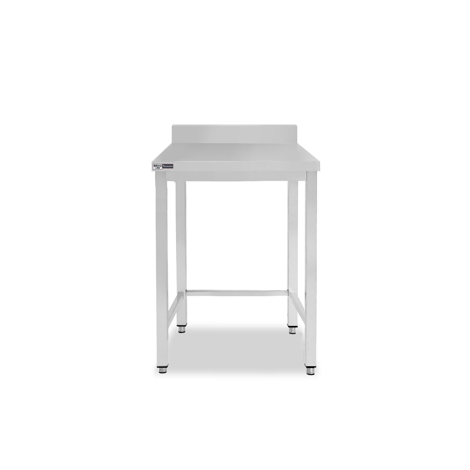 Mesa sencilla de acero inoxidable con peto y dimensiones de 500 mm de largo x 800 mm de profundidad x 965 mm de altura