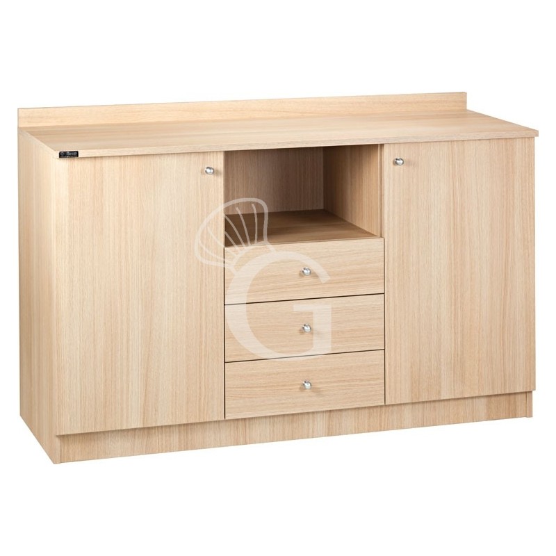 Armario de servicio bajo triple que consta de 2 puertas, 3 cajones, 1 compartimento interior y estante abierto -