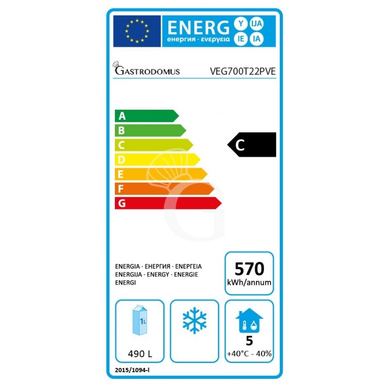 Armario refrigerado ventilado para verduras -2°C/+10°C 700 LT 2 Puertas Clase de eficiencia energética F