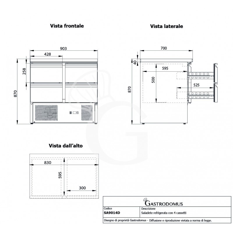 Mesa fría de refrigeración estática con 4 cajones, encimera de acero inoxidable y temperatura +2 °C/+8 °C