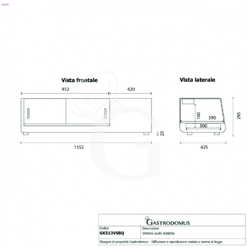 Vitrina sushi 5 cubetas GN1/3 190 W L 1352 mm x P 420 mm x H 295 mm