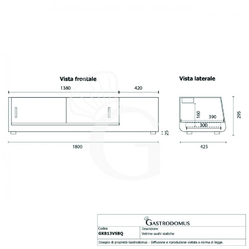 Vitrina sushi 5 cubetas GN1/2 190 W L 1800 mm x P 425 mm x H 295 mm