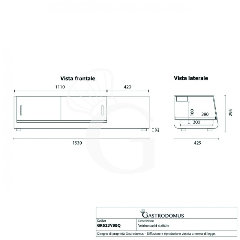 Vitrina sushi 6 cubetas GN1/3 190 W L 1530 mm x P 425 mm x H 295 mm