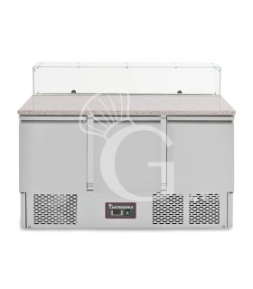 Mesa fria de 3 puertas, temperatura +2 °C / +8 °C, vitrina de vidrio, encimera de granito y preparada para 8 cubetas GN 1/6