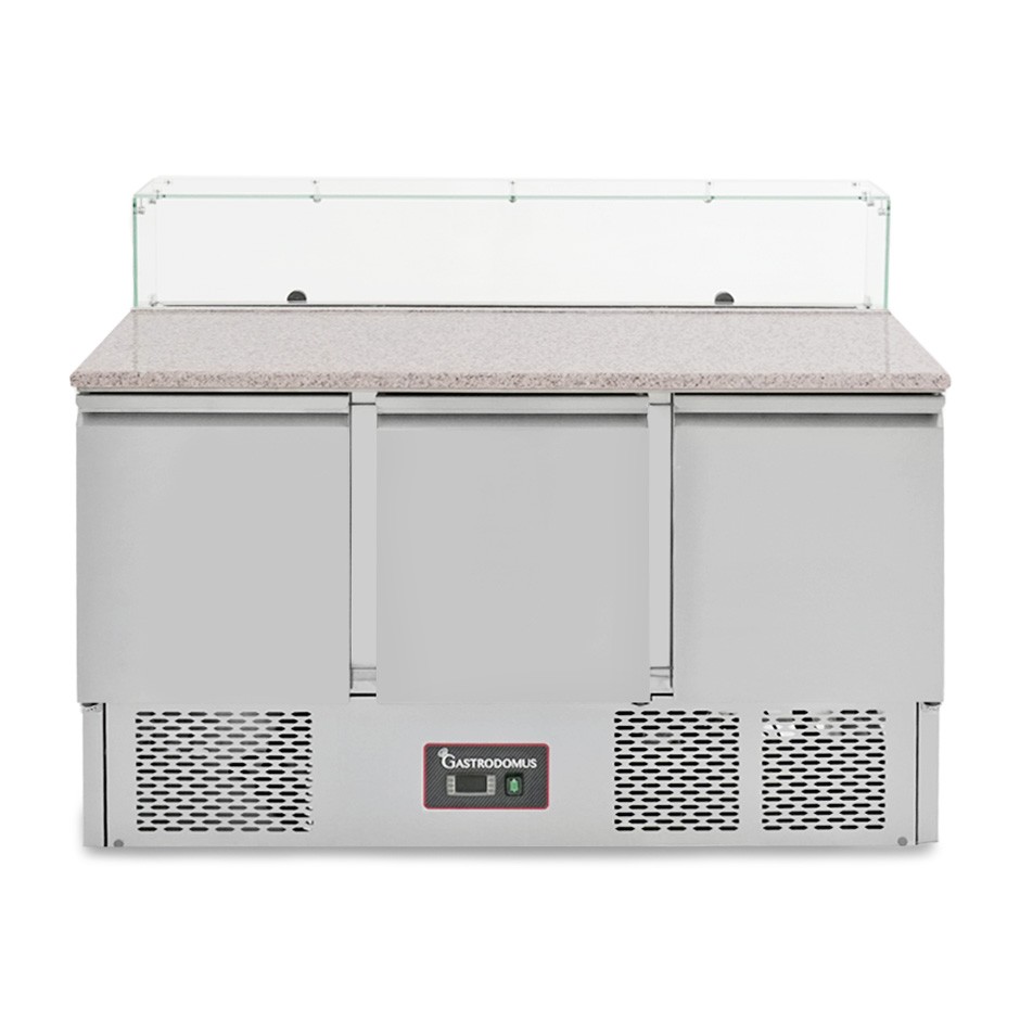 Mesa fria de 3 puertas, temperatura +2 °C / +8 °C, vitrina de vidrio, encimera de granito y preparada para 8 cubetas GN 1/6