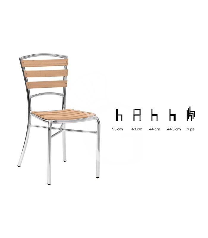 Silla Ibis con estructura de aluminio anodizado, asiento y respaldo con listones de roble