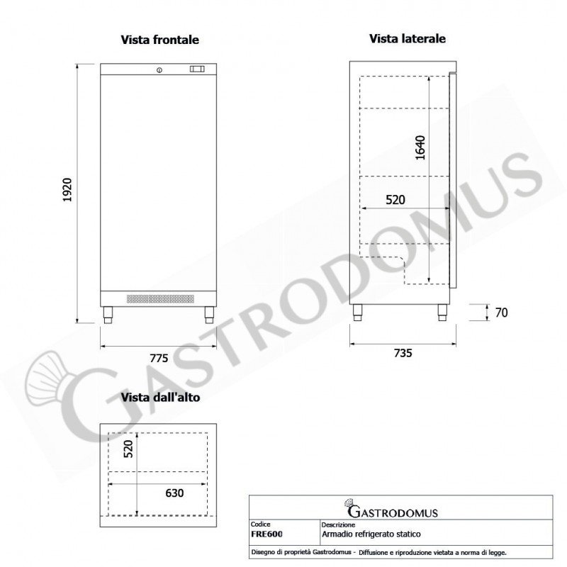 Armadio refrigerato statico, temperatura -2°C/+8°C e capacità 530 LT