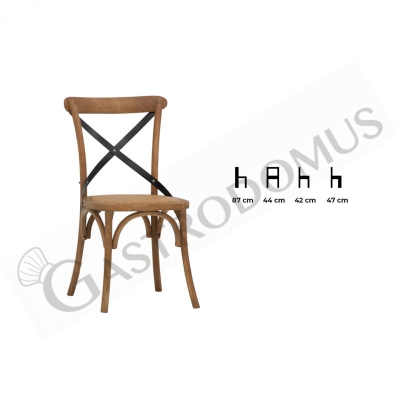Silla Lesotho con estructura de madera y metal con efecto antiguo y asiento de ratán