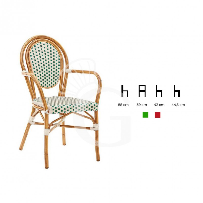Silla Polly de aluminio barnizado y bambú, revestimiento de alambre de nylon