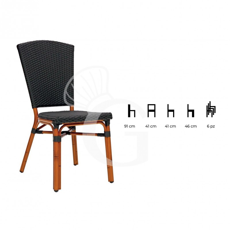 Silla Jungle de aluminio barnizado y bambú, asiento y respaldo de alambre de polietileno
