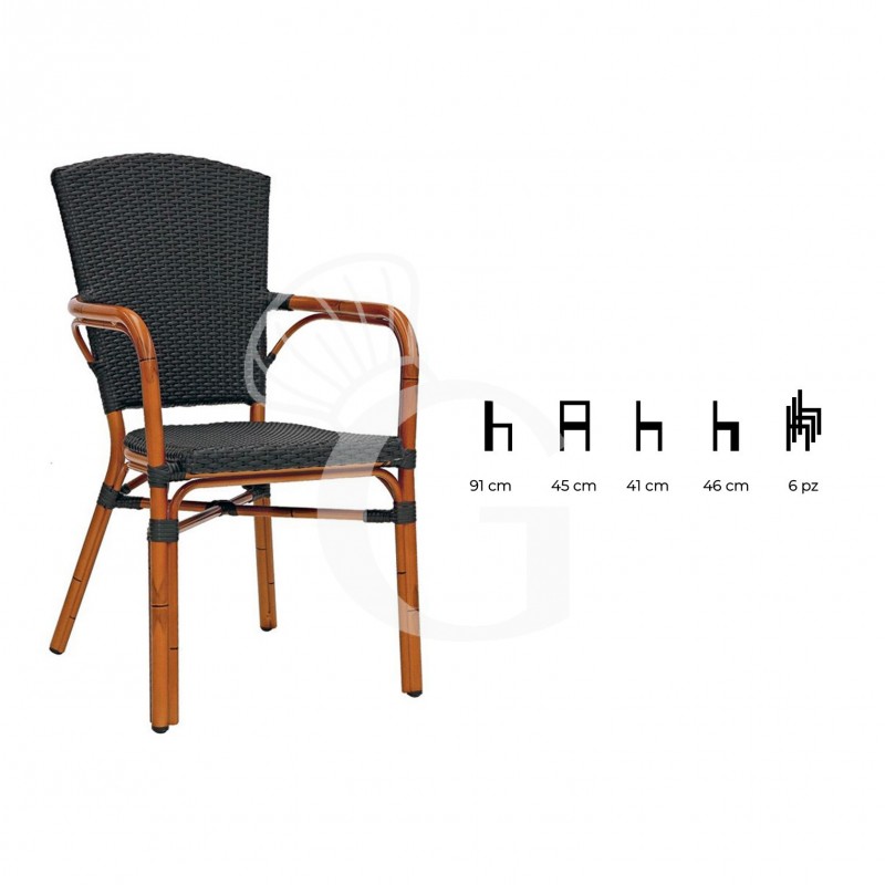 Silla Jungle 2 de aluminio barnizado y bambú, asiento y respaldo de alambre de polietileno