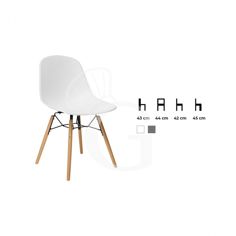 Silla con estructura de madera y metal pintado, asiento y respaldo de polipropileno