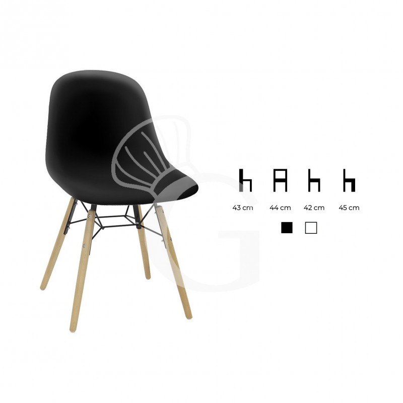 Silla con estructura de madera y metal pintado, asiento y respaldo de polipropileno