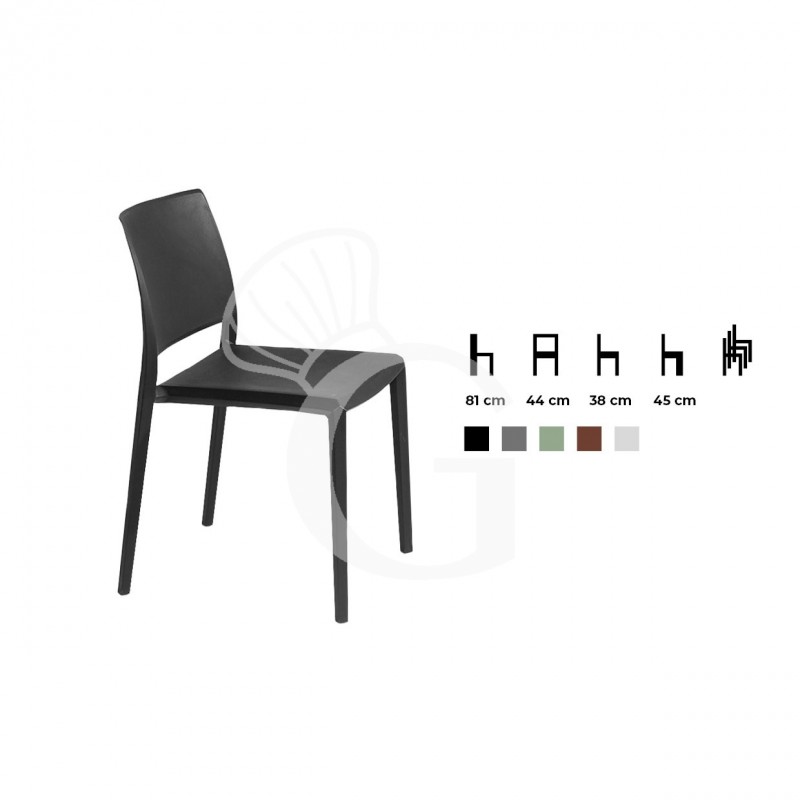 Silla con estructura, asiento y respaldo en polipropileno apilable