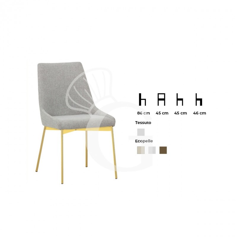Silla con estructura metálica en color latón satinado, tapizada en ecopiel o tejido