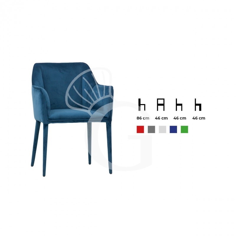 Silla con estructura de metal, asiento y respaldo acolchados y tapizado en terciopelo