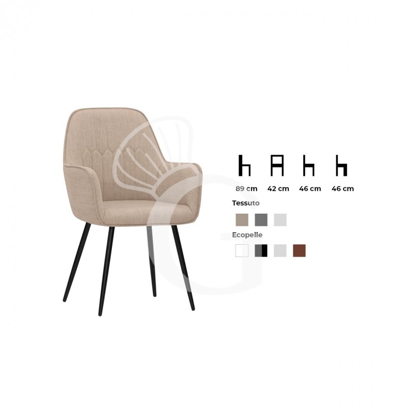 Silla con estructura de metal pintado, carcasa acolchada y tapizado en ecopiel o tejido
