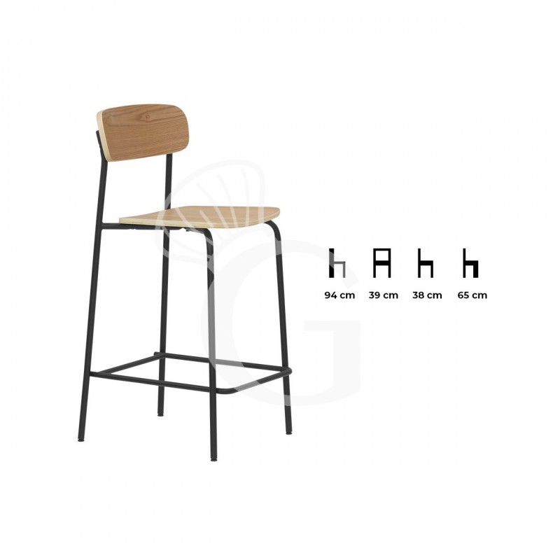 Taburete con estructura de metal pintado y respaldo y asiento de madera