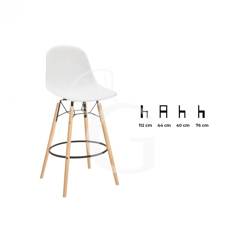 Taburete con estructura de madera y metal, asiento de polipropileno