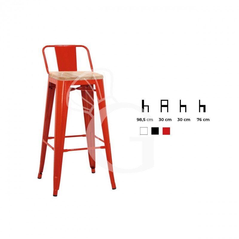Taburete Twist con estructura y respaldo de metal pintado y asiento de madera