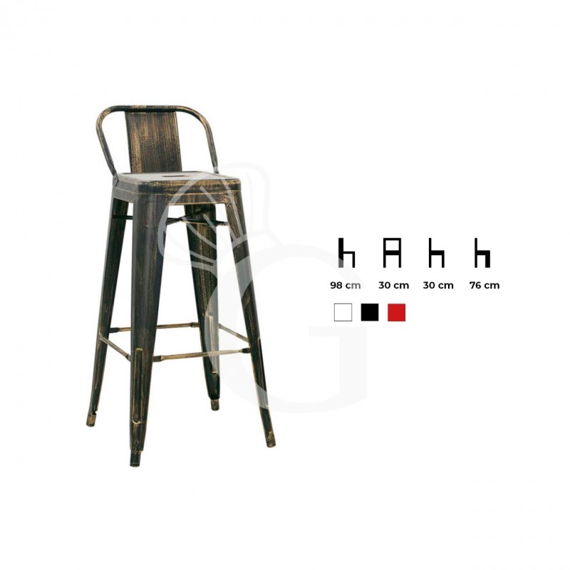 Taburete Skip con estructura, respaldo y asiento de metal pintado efecto antiguo