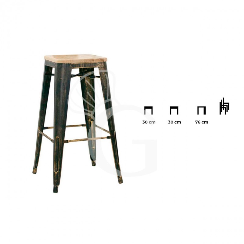 Taburete Cloud con estructura de metal pintado con efecto antiguo y asiento de madera